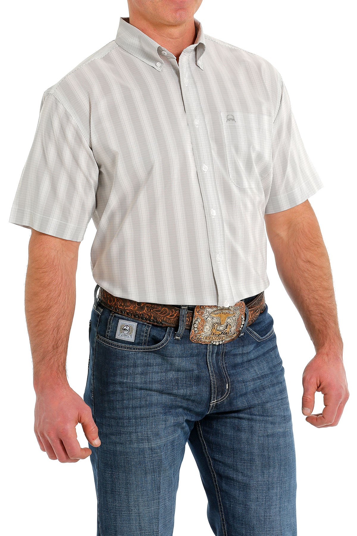 Cinch® Men's White Striped Arenaflex Short Sleeve Button Front Western Shirt