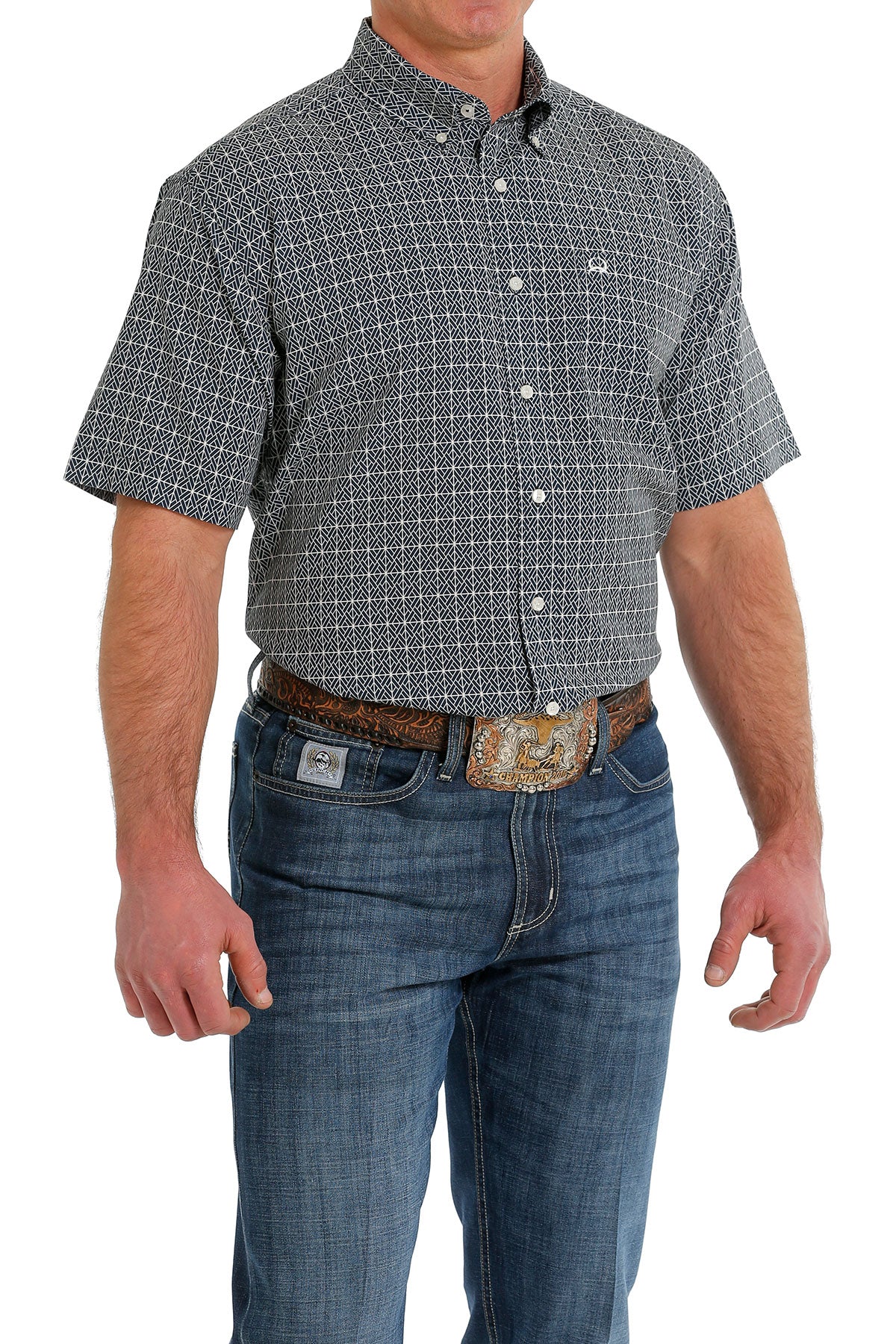 Cinch® Men's Arenaflex Navy Geoprint Short Sleeve Button Front Western Shirt