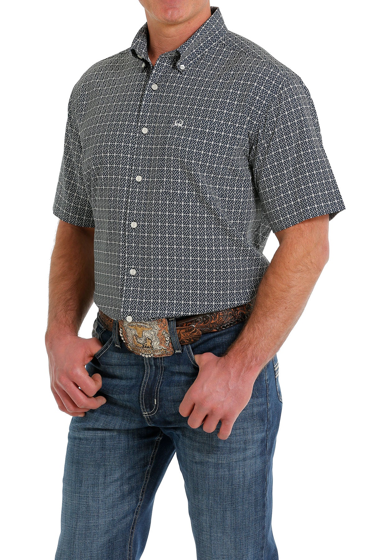 Cinch® Men's Arenaflex Navy Geoprint Short Sleeve Button Front Western Shirt