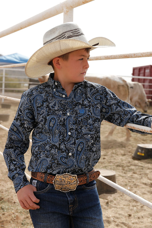 Cinch® Boy's Blue Paisley Print Long Sleeve Button Front Western Shirt