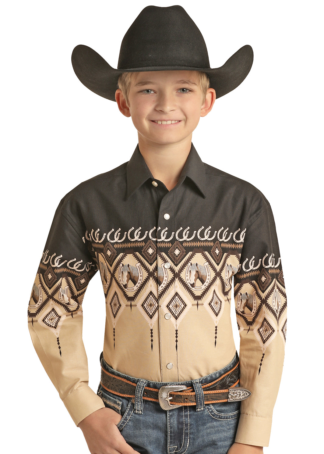 Panhandle Slim® Boy's Aztec Border Print Long Sleeve Snap Front Western Shirt