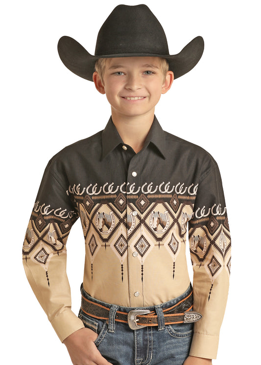 Panhandle Slim® Boy's Aztec Border Print Long Sleeve Snap Front Western Shirt