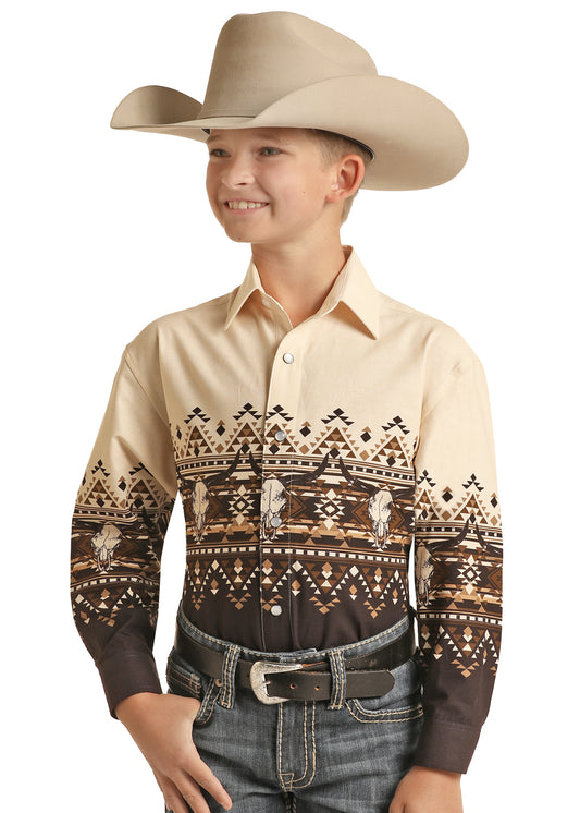 Panhandle Slim® Boy's 2-Tone Aztec Border Print Long Sleeve Snap Front Western Shirt
