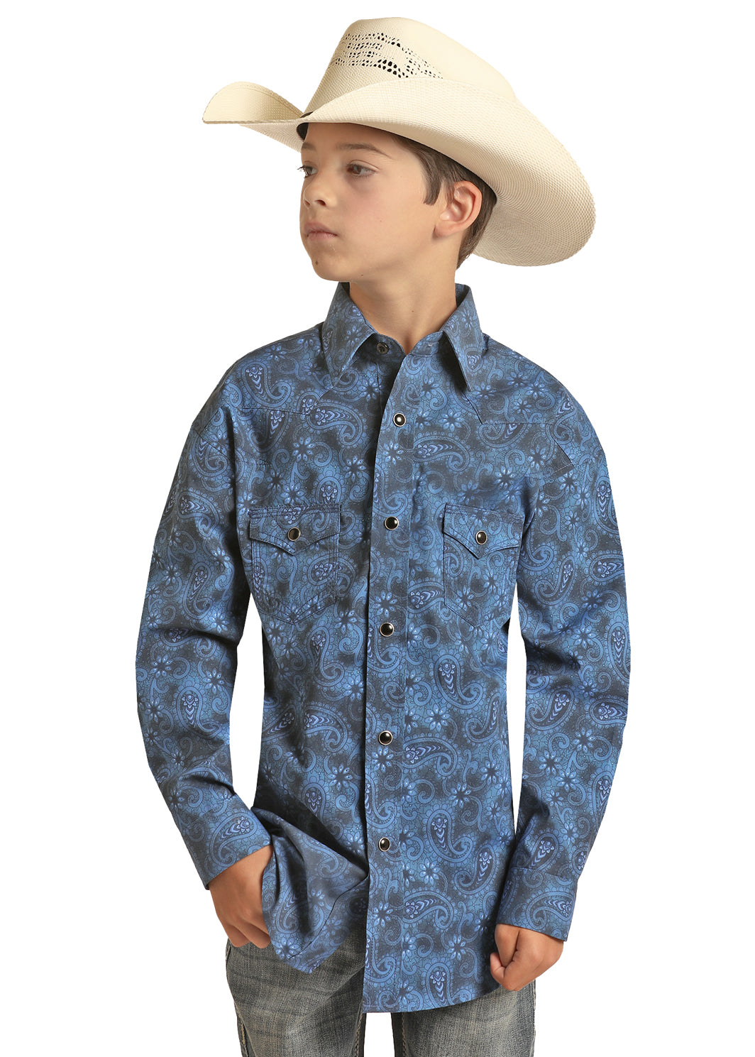 Panhandle Slim® Boy's Blue Vintage Paisley Long Sleeve Snap Front Western Shirt