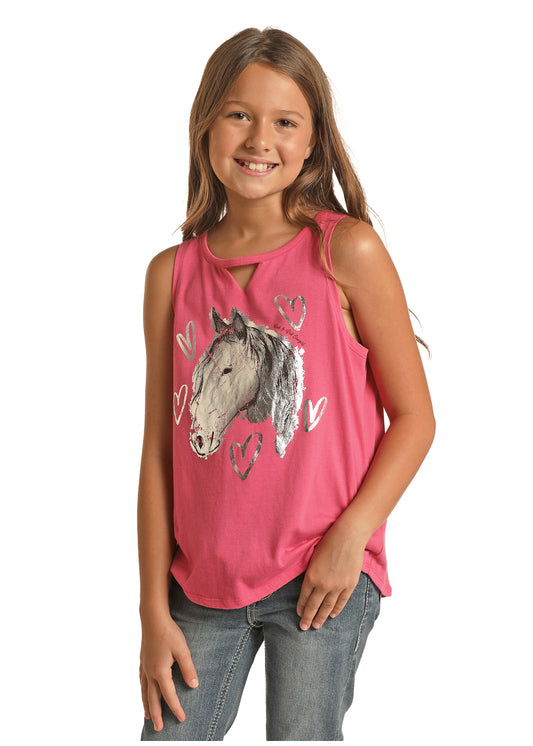 Panhandle Slim® Girl's Rock N Roll Pink Horse Print Graphic Tank Top