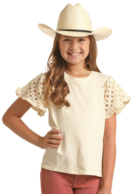 Panhandle Slim® Girl's Natural Eyelet Short Sleeve Tee Shirt