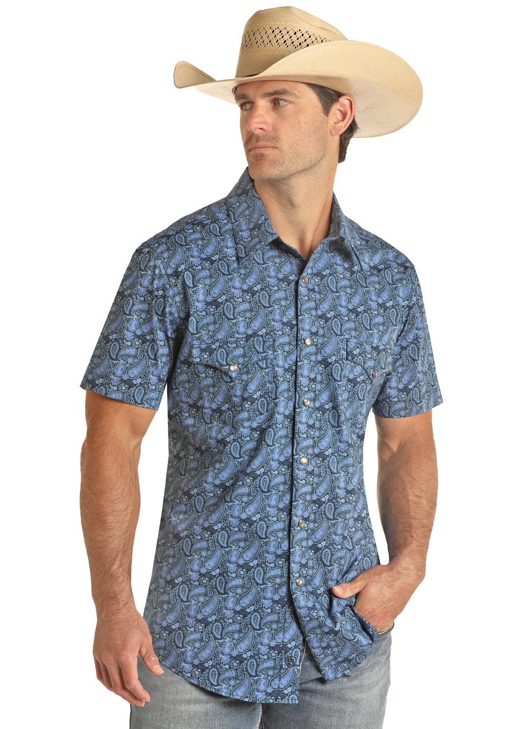 Panhandle Slim® Men's Rock N Roll Blue Paisley Short Sleeve Snap Front Western Shirt