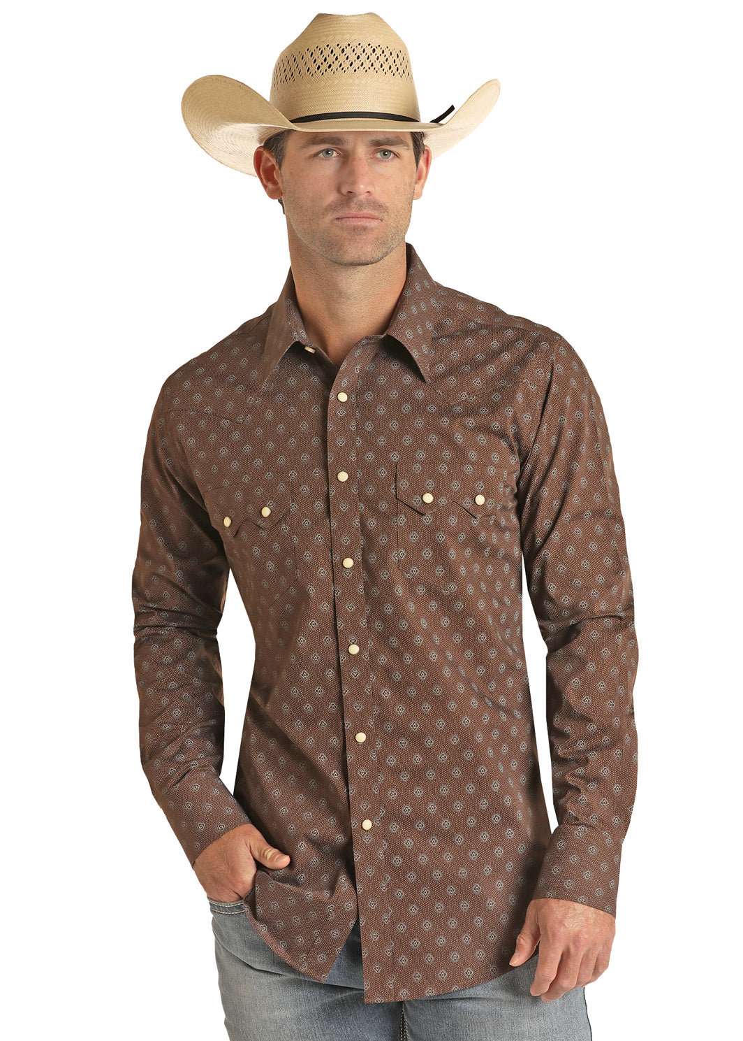 Panhandle Slim® Men's Rock N Roll Brown Medallion Vintage Long Sleeve Snap Front Western Shirt
