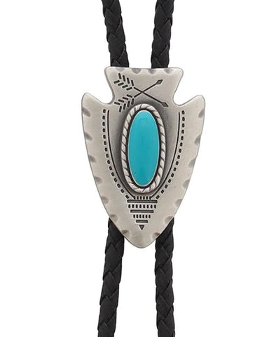 Double S® Silver Arrowhead Turquoise Stone Leather Bolo Tie