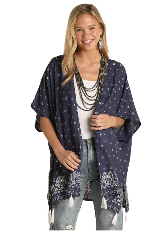 Panhandle Slim® Women's Navy Bandana Border Print Tasseled Kimono