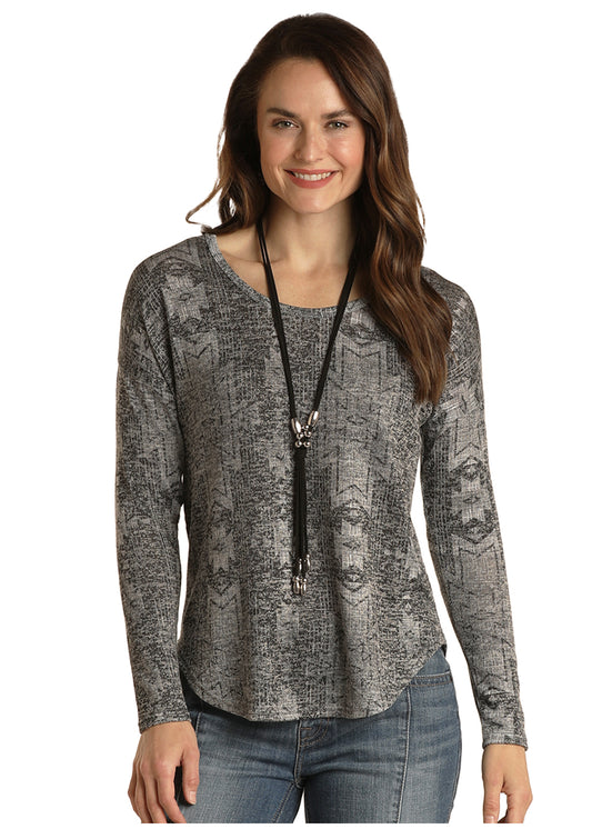 Panhandle Slim® Women's Grey Southwest Print Long Sleeve Sweater Top