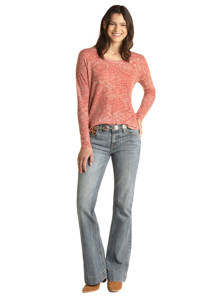 Panhandle Slim® Women's Orange Bandana Print Long Sleeve Sweater