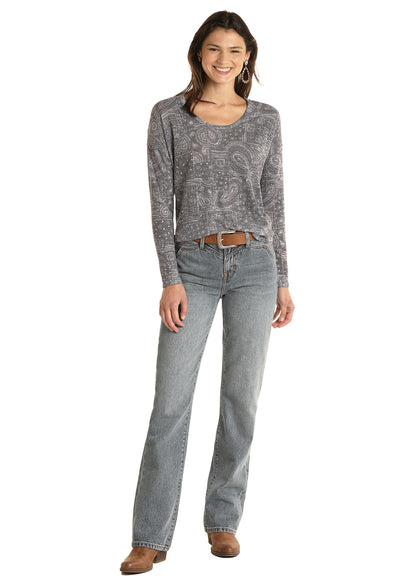 Panhandle Slim® Women's Light Navy Bandana Print Long Sleeve Sweater