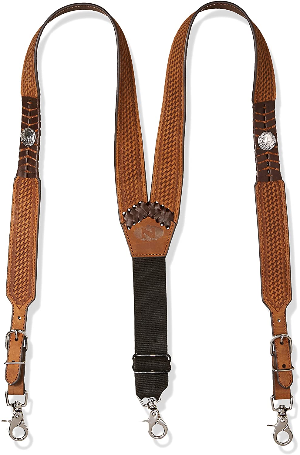 Nocona® Brown Buffalo Nickel Basket Weave Leather Suspenders