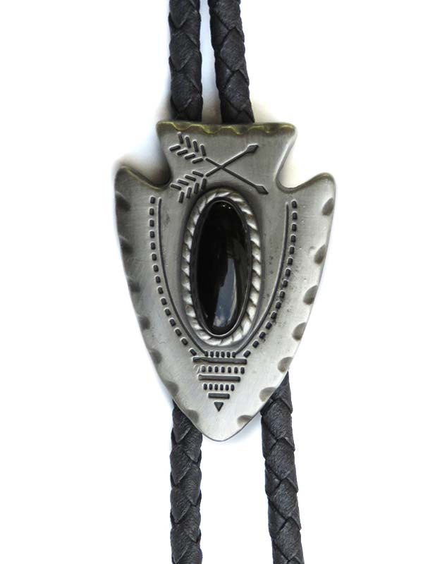 Double S® Silver Arrowhead Black Stone Leather Bolo Tie